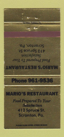 Matchbook Cover - Mario's Restaurant Scranton PA 30 Strike