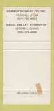 Matchbook Cover - Kenworth Boise Pocatello ID Salt Lake City UT trucks 30 Strike
