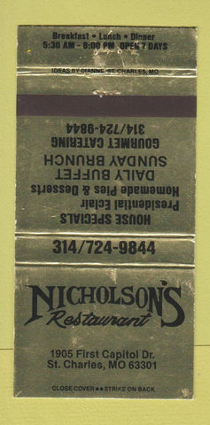 Matchbook Cover - Nicholson's Restaurant St Charles MO 30 Strike