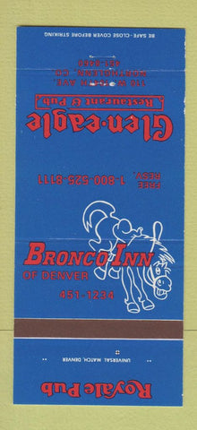 Matchbook Cover Bronco Inn Denver Colorado Glen Eagle Northglenn WEAR 30 Strike