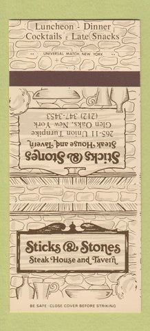 Matchbook Cover - Sticks & Stones Steak House Tavern Glen Oaks NY 30 Strike
