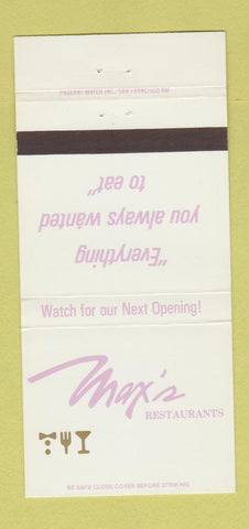 Matchbook Cover Max's Restaurants San Francisco Palo Alto San Jose CA 30 Strike