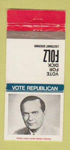 Matchbook Cover Dick Folz Lieutenant Governor Election IN Indiana WEAR 30 Strike
