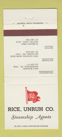 Matchbook Cover - Rice Unruh Steamship Agent Philadelphia Boston 30 Strike