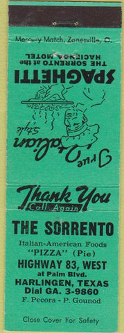Matchbook Cover - The Sorrento Pizza Harlingen TX Italian Bridal Salon Green