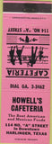 Matchbook Cover - Howell's Cafeteria Mexican Food Harlingen TX