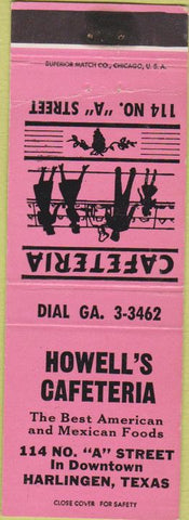 Matchbook Cover - Howell's Cafeteria Mexican Food Harlingen TX