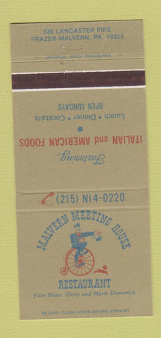 Matchbook Cover - Malvern Meeting House Restaurant Italian Frazer PA 30 Strike
