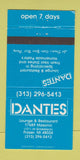 Matchbook Cover - Dante's Restaurant Fraser MI 30 Strike