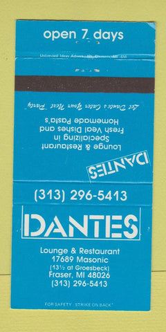 Matchbook Cover - Dante's Restaurant Fraser MI 30 Strike