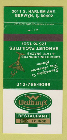 Matchbook Cover - Westbury's Restaurant Berwyn IL 30 Strike