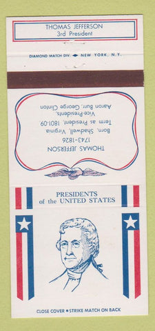 Matchbook Cover - Diamond US Presidents Thomas Jefferson 30 Strike