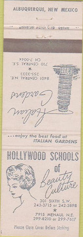Matchbook Cover - Hollywood Beauty Schools girlie Albuquerque NM Italian food