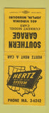 Matchbook Cover - Hertz Car Rentals Joplin MO Southern Garage BOBTAIL