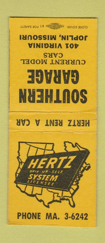 Matchbook Cover - Hertz Car Rentals Joplin MO Southern Garage BOBTAIL