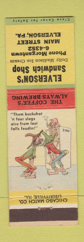 Matchbook Cover - Elverson's Sandwich Shop Elverson PA hillbilly