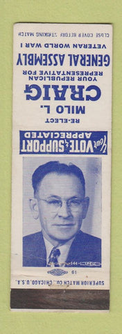 Matchbook Cover - Milo Craig Ellection General Assembly WEAR