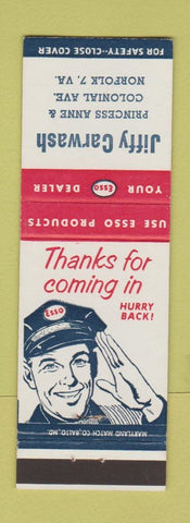 Matchbook Cover - Jiffy Car Wash Esso oil gas Norfolk VA