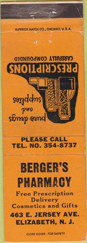 Matchbook Cover - Berger's Pharmacy Elizabeth NJ WEAR