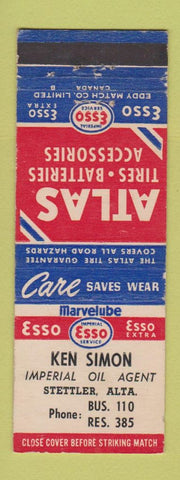 Matchbook Cover - Ken Simon Esso oil gas Atlas Tires Stettler AB
