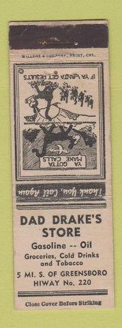 Matchbook Cover - Dad Drake's Store oil gas Greensboro NC WEAR