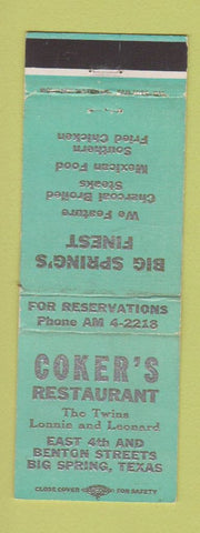 Matchbook Cover - Coker's Restaurant Big Spring TX