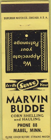 Matchbook Cover - Marvin Budde Corn Shelling Hauling Mabel MN