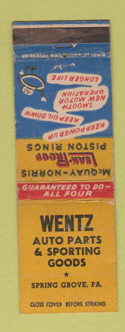 Matchbook Cover - Wentz Auto Parts Sporting Goods Spring Grove PA WORN