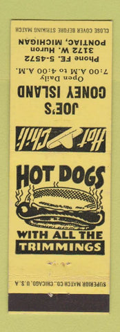 Matchbook Cover - Joe's Coney Island Hot Dog Pontiac MI YELLOW