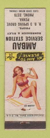 Matchbook Cover - Ambau Service oil gas Spring Grove PA pinup WEAR