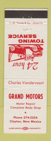 Matchbook Cover - Grand Motors Repair towing Clayton NM
