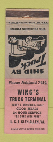 Matchbook Cover - Wing's Trucking Terminal Glen Allen VA WORN