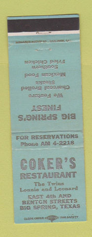 Matchbook Cover - Coker's Restaurant Big Spring TX