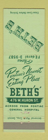 Matchbook Cover - Beth's Restaurant Pontiac MI