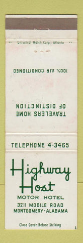 Matchbook Cover - Highway Host Motor Hotel Montgomery AL WEAR