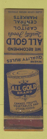 Matchbook Cover - All Gold Brand Canned Foods Grocery CROWN WEAR