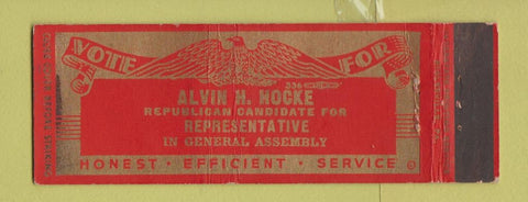 Matchbook Cover Alvin Hocke Republican Rep Election General Assembly Full Length
