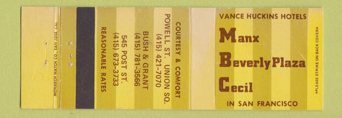 Matchbook Cover - Hotels Manx Beverly Plaza Cecil San Francisco CA WEAR