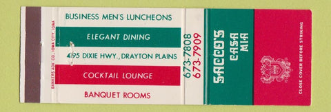 Matchbook Cover - Sacco's Casa Mia Pizza Birmingham MI