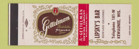 Matchbook Cover - Lipsky's Bar Gettelman Beer Kewaunee WI low phone # Okonski