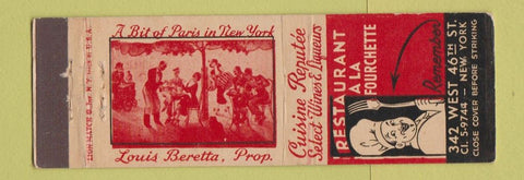 Matchbook Cover - Restaurant A La Fourchette New York City