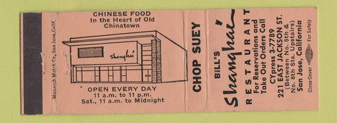 Matchbook Cover - Bill's Shanghai Restaurant San Jose CA WEAR