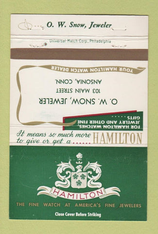 Matchbook Cover - Hamilton Watches Snow Jewelry Ansonia CT 40 Strike