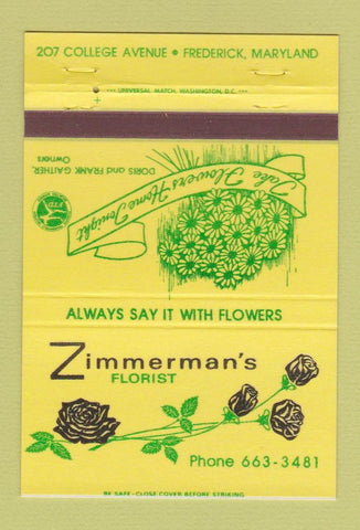 Matchbook Cover - Zimmerman's Flowers Frederick MD FTD 40 Strike