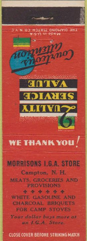 Matchbook Cover - Morrisons IGA Store Campton NH grocery