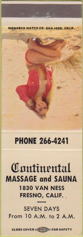 Matchbook Cover - Continental Massage Sauna Fresno CA pinup