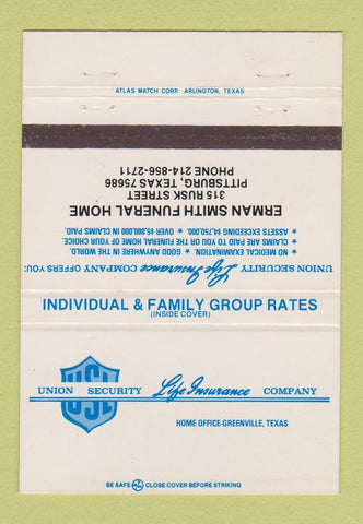 Matchbook Cover - Erman Smith Funeral Home Pittsburg TX 40 Strike
