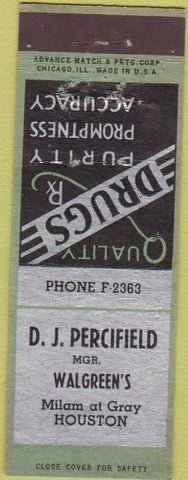 Matchbook Cover - Percifield Walgreen's Drugs Houston TX Advance