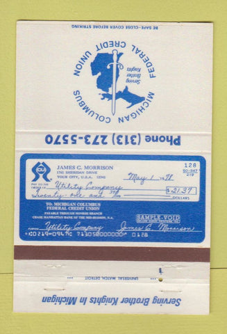 Matchbook Cover - Michigan Columbus Credit Union Monroe  MI 40 Strike