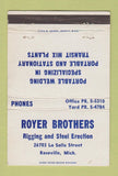 Matchbook Cover - Royer Brothers Rigging Steel Erection Roseville MI 40 Strike